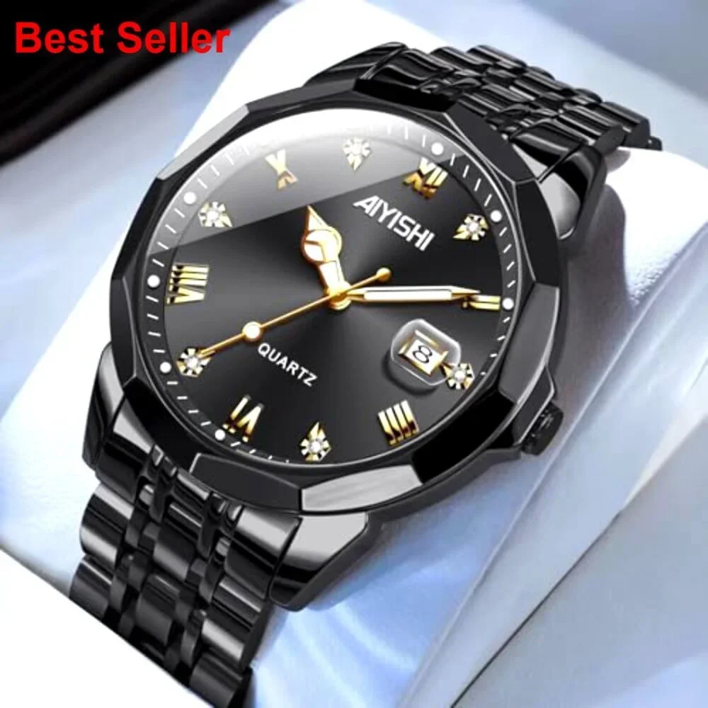 Stainless Steel Dress Watch with Roman Numerals Diamond Dial Waterproof